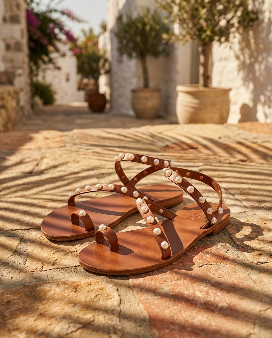 Türkbükü Sandalet Hakiki Deri İnci Detaylı El Yapımı Bodrum Sandaleti - Taba İncili 60K