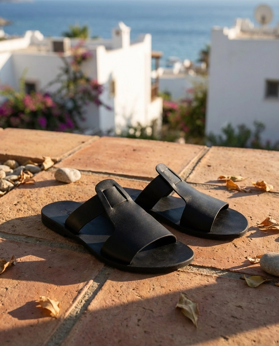 Türkbükü Sandalet - Hakiki Deri El Yapımı Erkek Sandalet - Bodrum Deri Terlik Siyah 66K