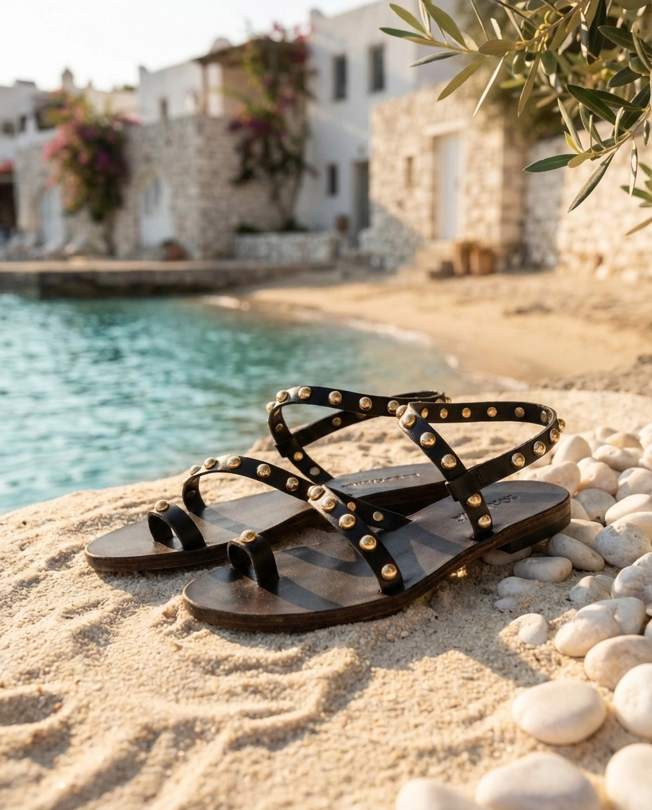 Türkbükü Sandalet - Hakiki Deri El Yapımı Gold Kadın Sandalet - Sarı İncili Siyah 60K