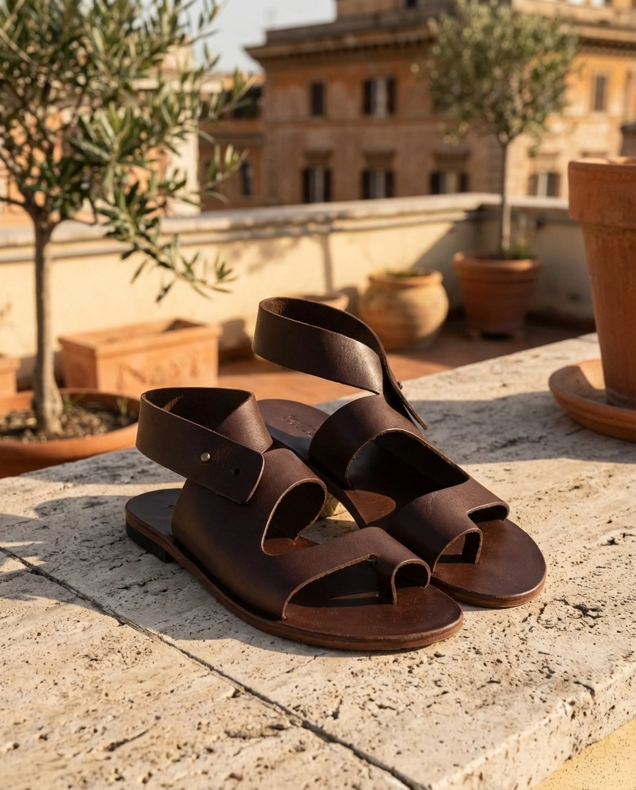 Türkbükü Sandalet - Hakiki Deri El Yapımı Kadın Kalın Bantlı Sandalet - 103K Kahve