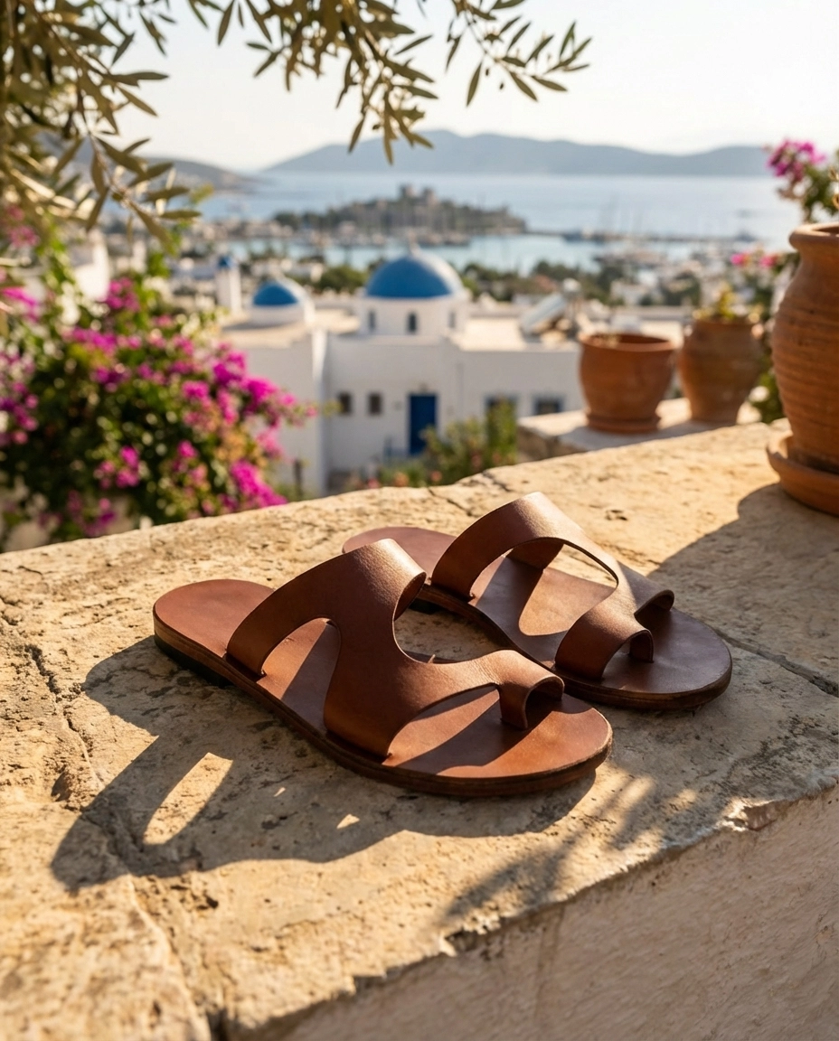 Türkbükü Sandalet Hakiki Deri Geometrik Kesim Minimalist Bodrum Sandaleti - 136K Taba