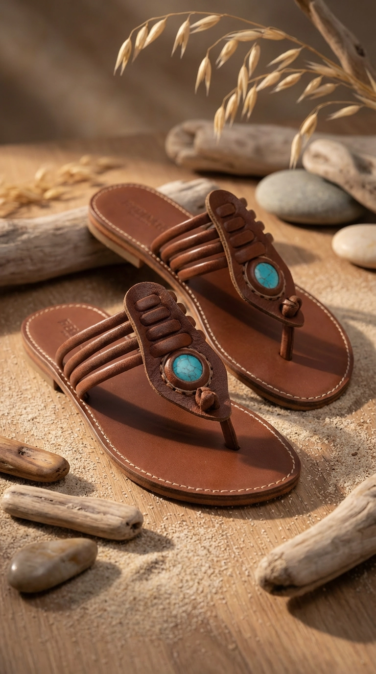 Türkbükü Sandalet Hakiki Deri Turkuaz Taşlı Otantik Parmak Arası Bodrum Sandaleti - Taba