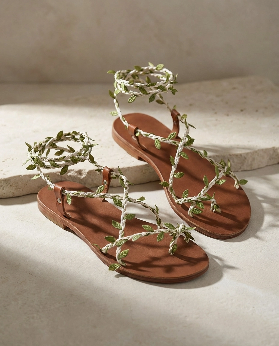 Türkbükü Sandalet Hakiki Deri Yaprak Detaylı Bağlamalı Sandalet - Siyah Sarmaşık 37K